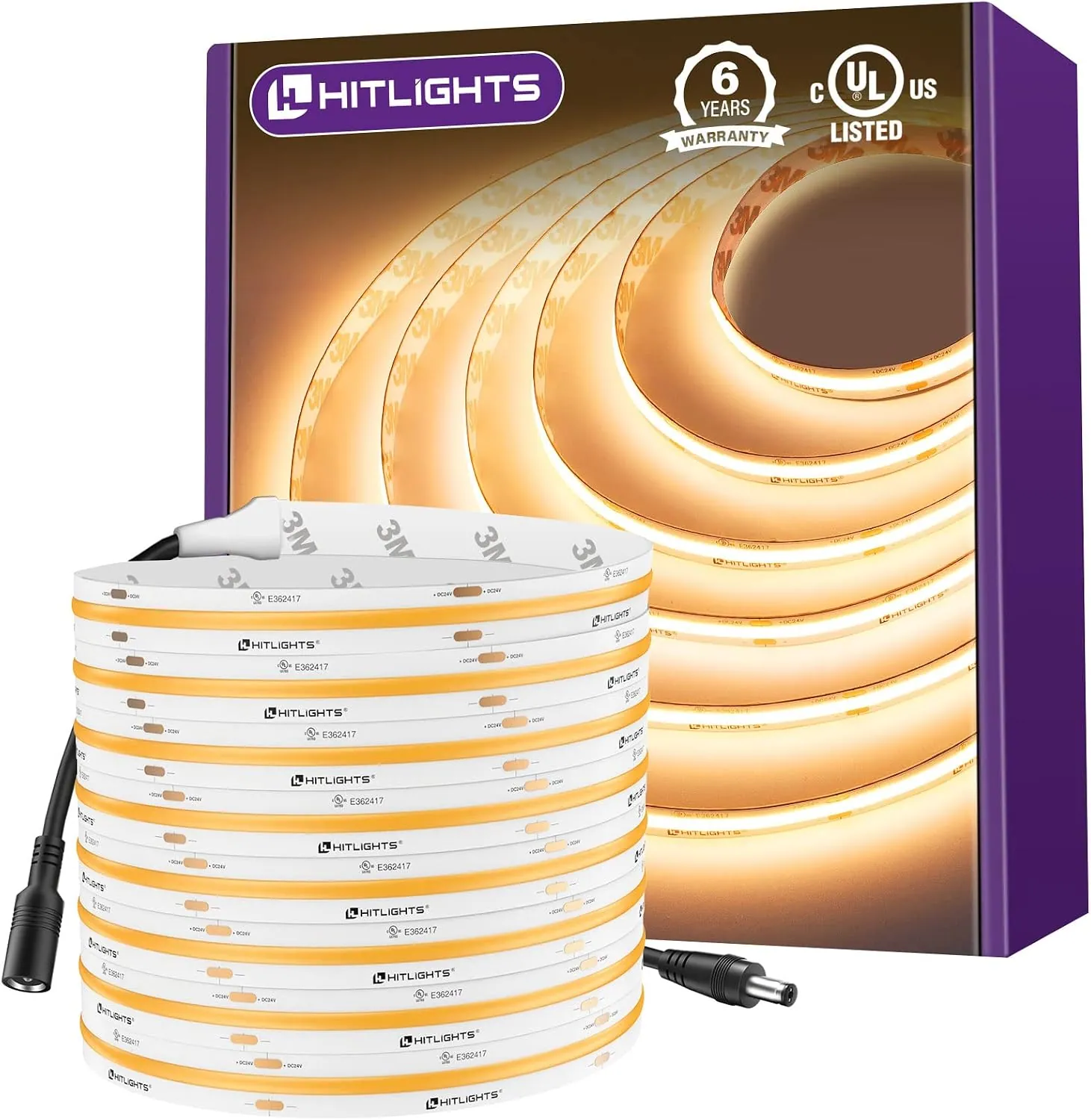 HitLights COB LED Strip Lights Warm White 2700K, 16.4ft 24V Tape, UL Listed