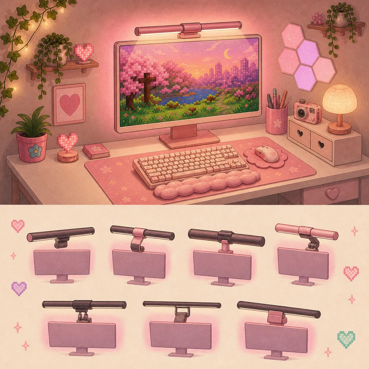 Illustration comparing pink monitor light bars for a small desk