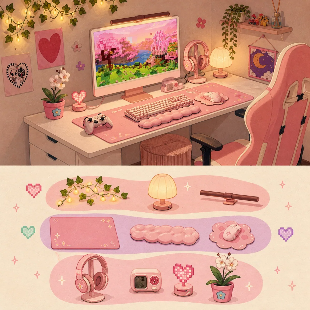 Visual guide to Andrea’s cozy pink gaming setup and its three essential layers