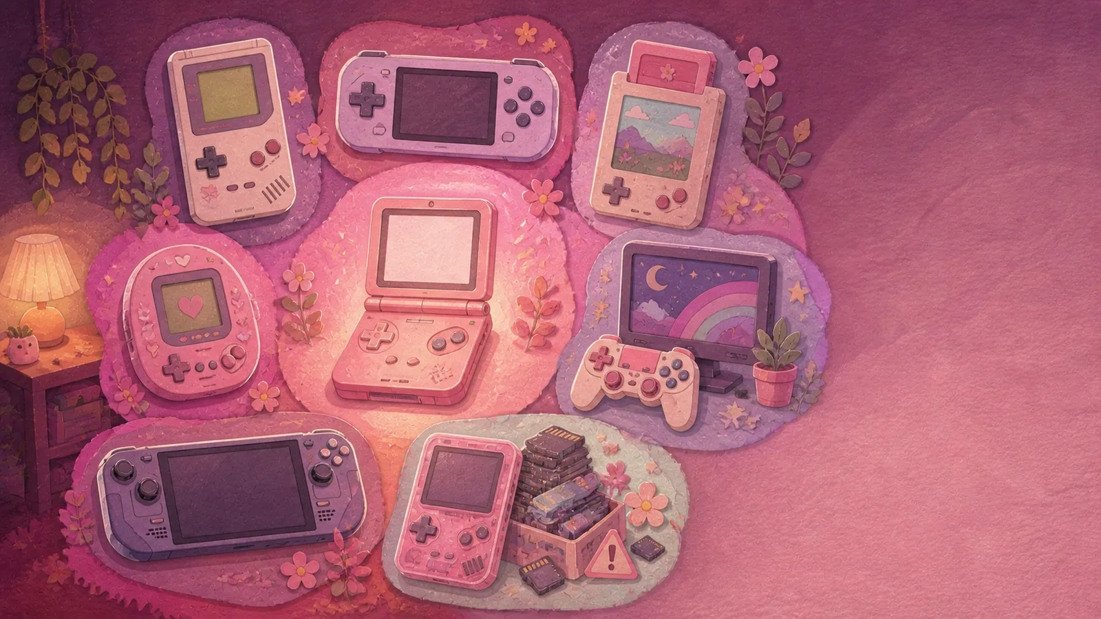 Illustrated lineup of seven types of handheld retro consoles around a pearl-pink clamshell handheld