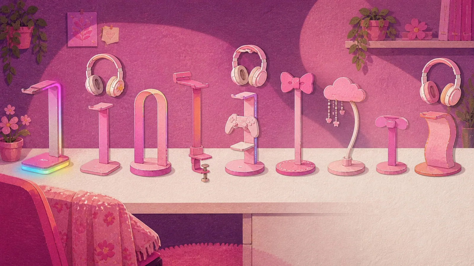 Illustrated lineup of nine different pink headphone and controller stands