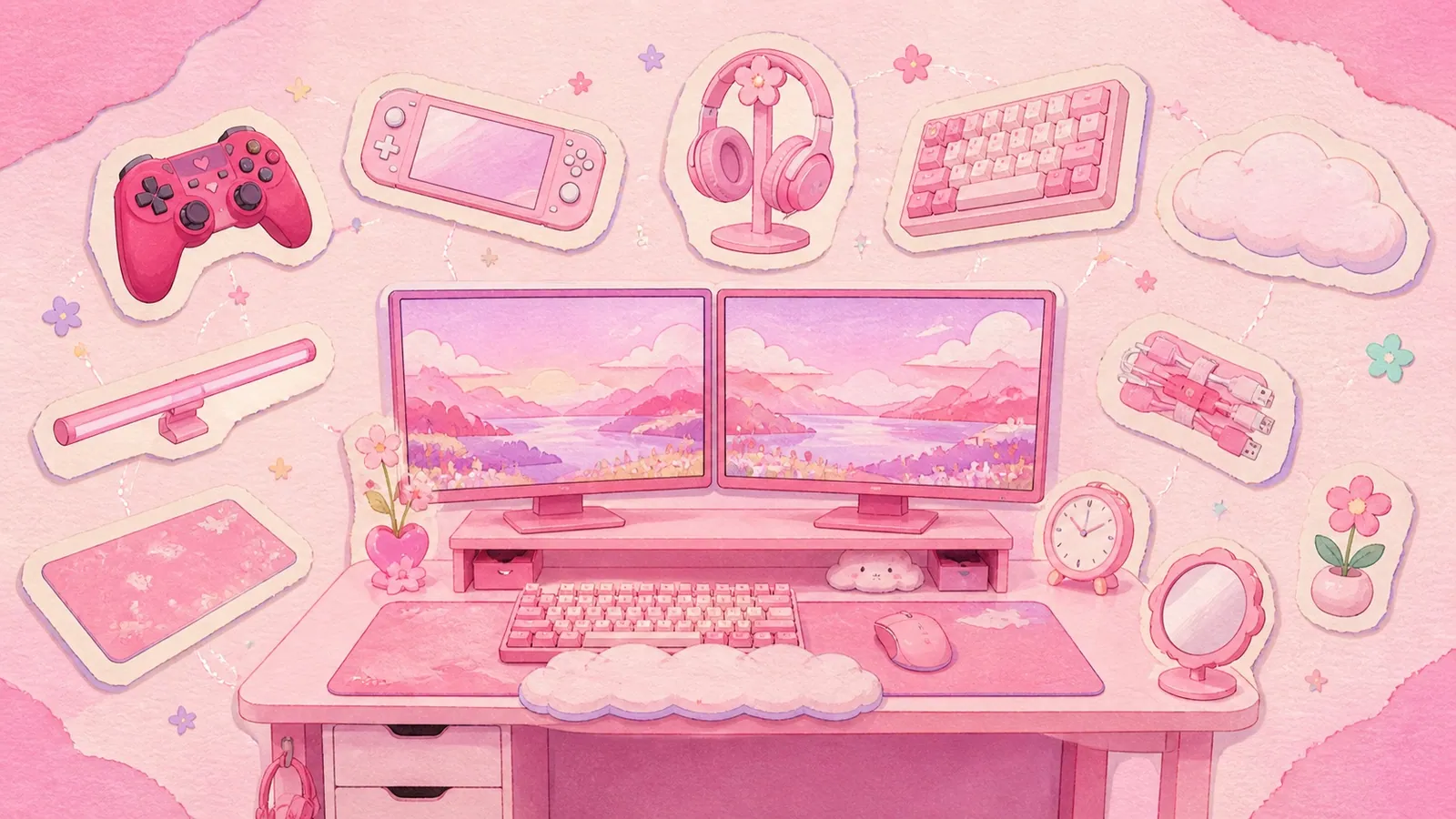 Illustrated tour of a pink dual-monitor gaming desk surrounded by Andrea’s favorite setup pieces