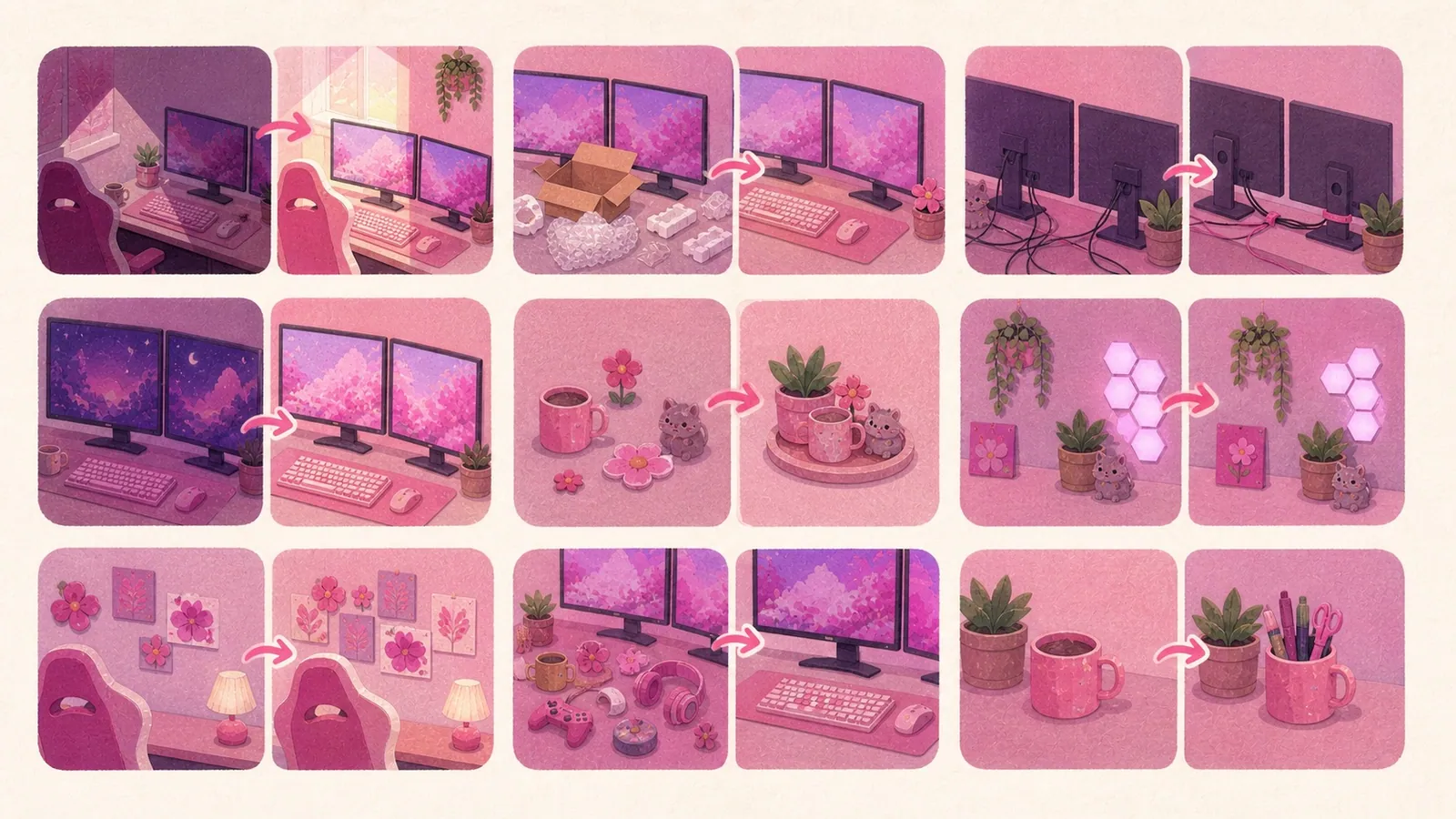 Nine illustrated no-cost changes for rearranging and refreshing a pink gaming setup