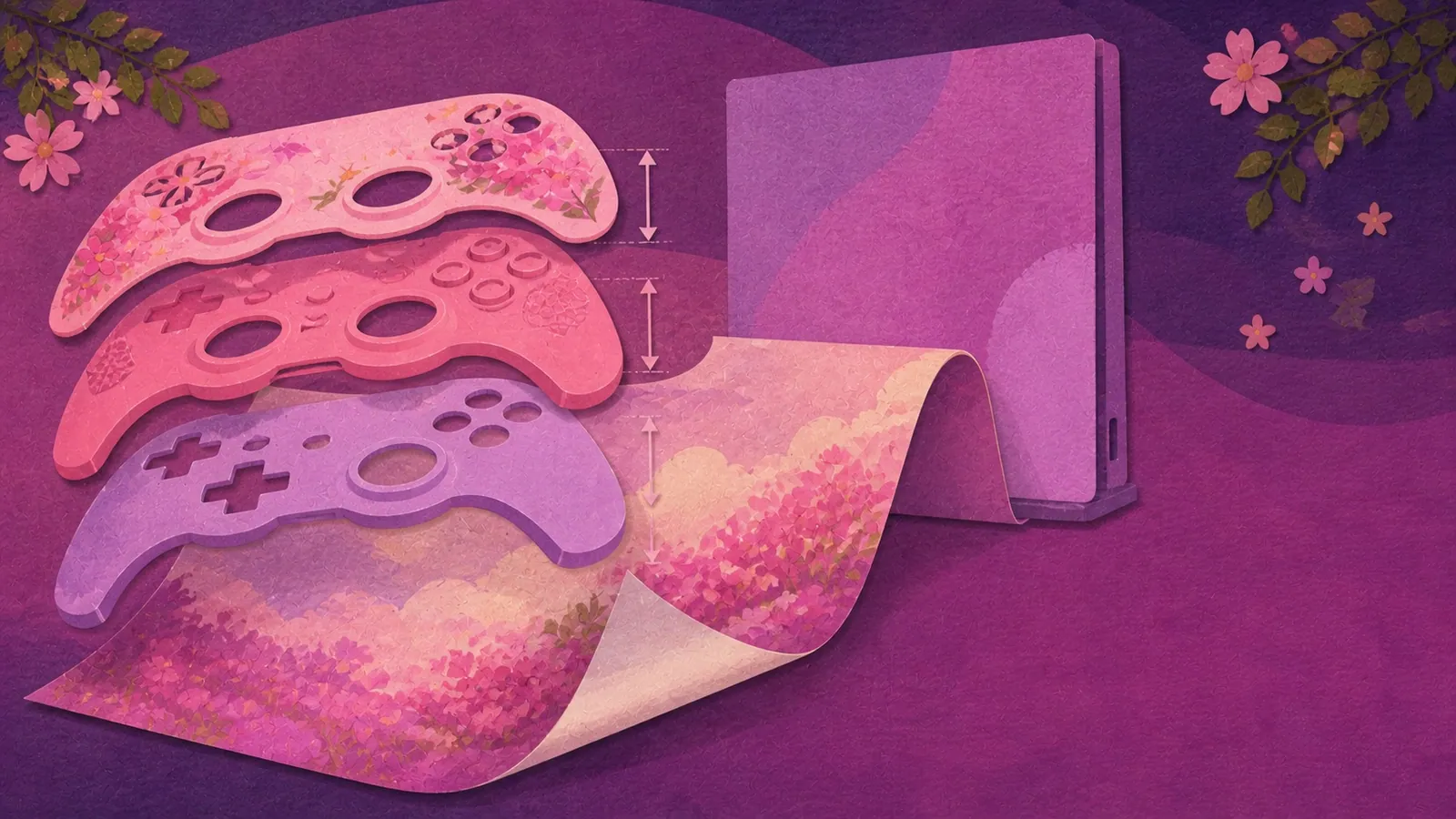 Illustrated exploded layers showing the thickness and flexibility of four controller skin types