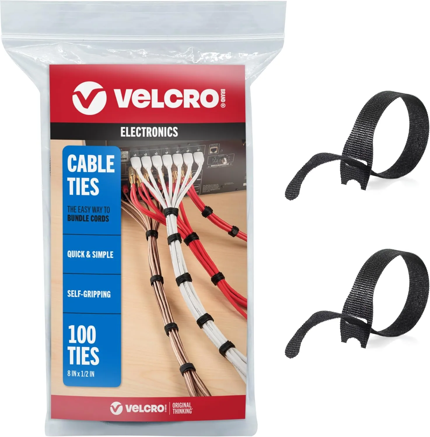 VELCRO Brand ONE-WRAP Cable Ties, 8in, 100 pack
